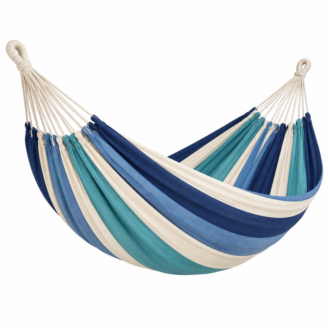 Hängematte 200 x 150 cm aus Baumwolle Blau Türkis Creme gestreift für Garten und Terrasse
