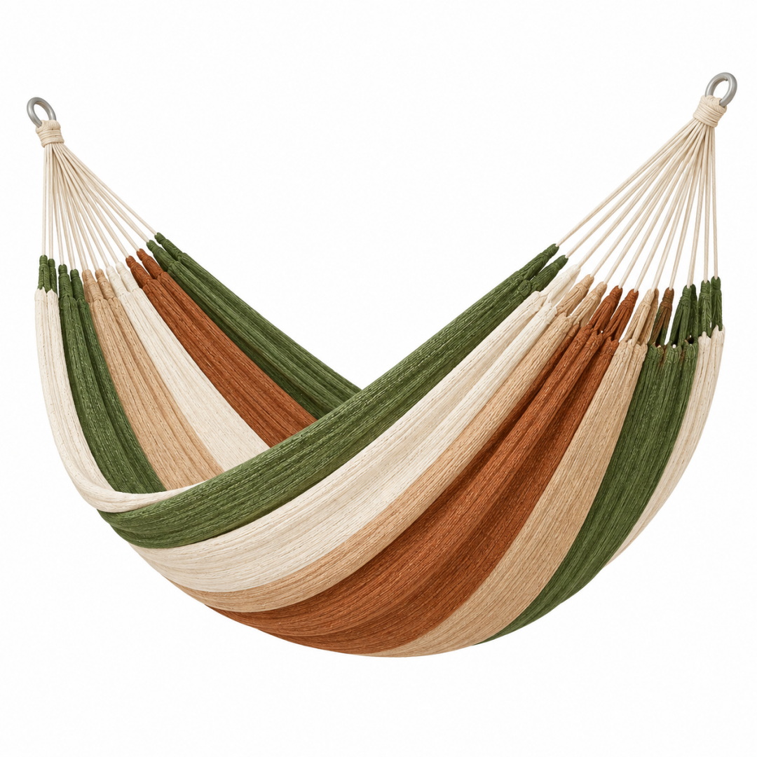 Hängematte 200 x 150 cm aus Baumwolle Grün Beige Braun gestreift für Garten und Balkon