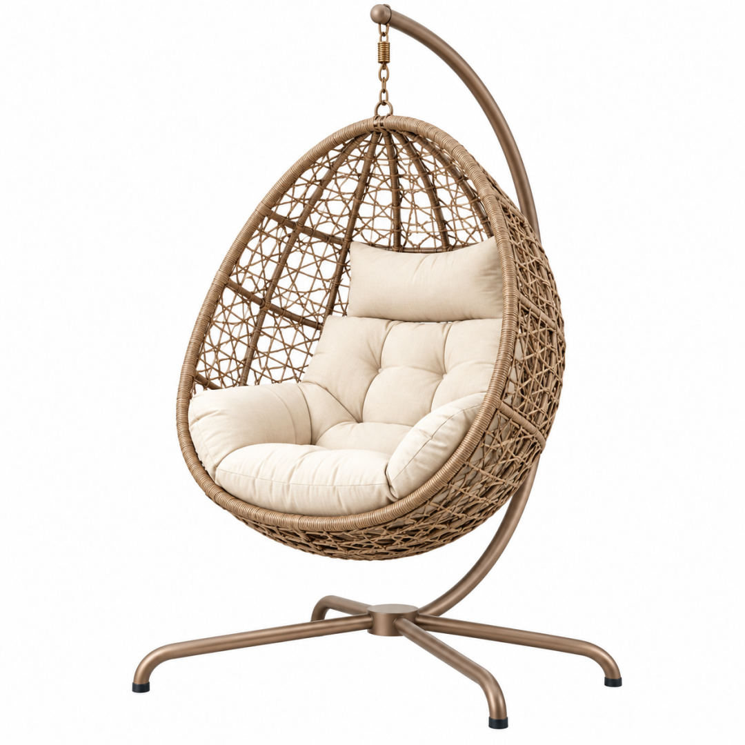 Hängesessel 105 x 105 x 195 cm Rattanoptik Braun Creme mit Metallgestell für Innenbereich und überdachten Außenbereich