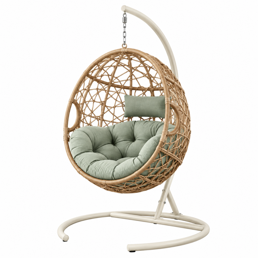 Hängesessel 105 x 105 x 195 cm Rattan Metall Beige Grün mit Gestell Boho