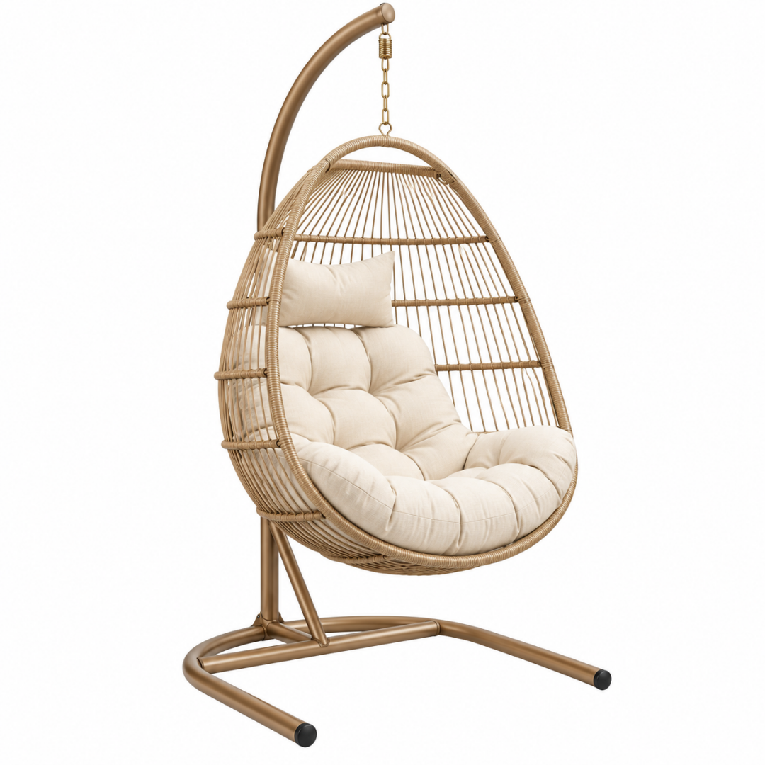 Hängesessel 105 x 95 x 195 cm aus Polyrattan in Naturbeige mit Stahlgestell für Innenbereich und überdachten Außenbereich