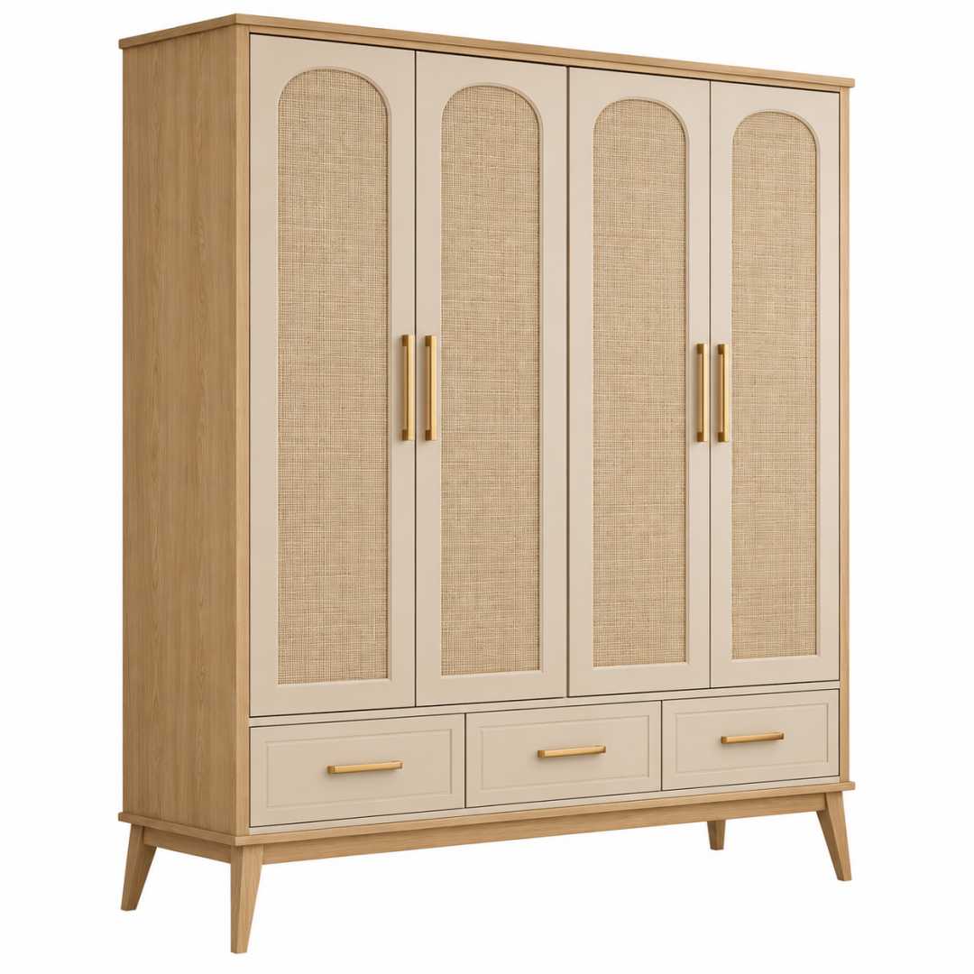 Kleiderschrank 150 x 55 x 200 cm Holz Beige mit Rattanoptik und 4 Türen