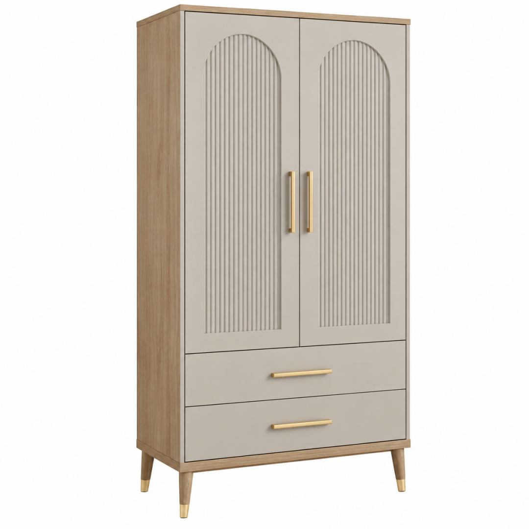 Kleiderschrank 90 x 45 x 180 cm Holzwerkstoff Beige Naturholz mit 2 Türen 2 Schubladen Rillenfront