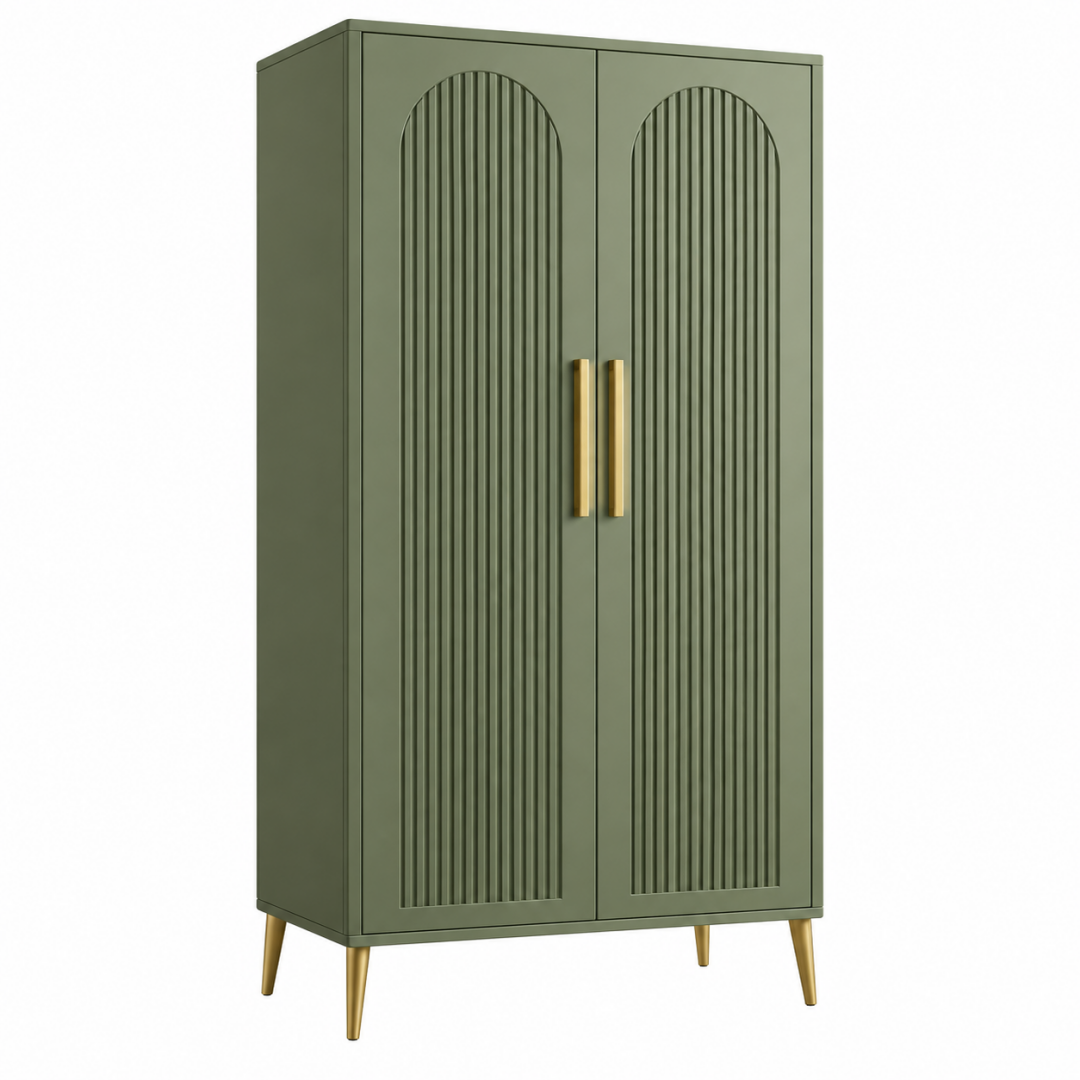 Kleiderschrank 100 x 45 x 180 cm aus Holzwerkstoff olivgrün mit Metallgriffen im Retro-Stil