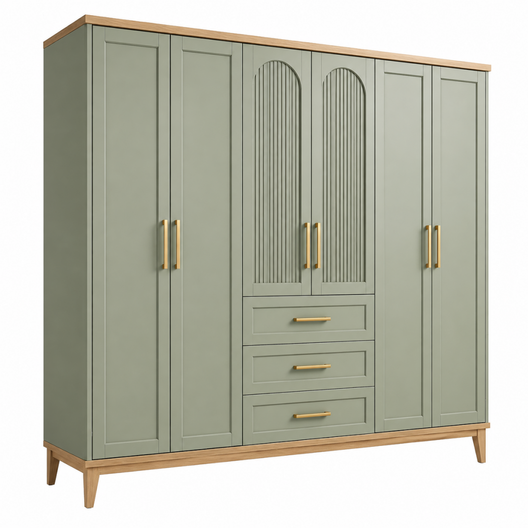 Kleiderschrank 200 x 60 x 200 cm aus Holzwerkstoff Salbeigrün mit 6 Türen und 3 Schubladen