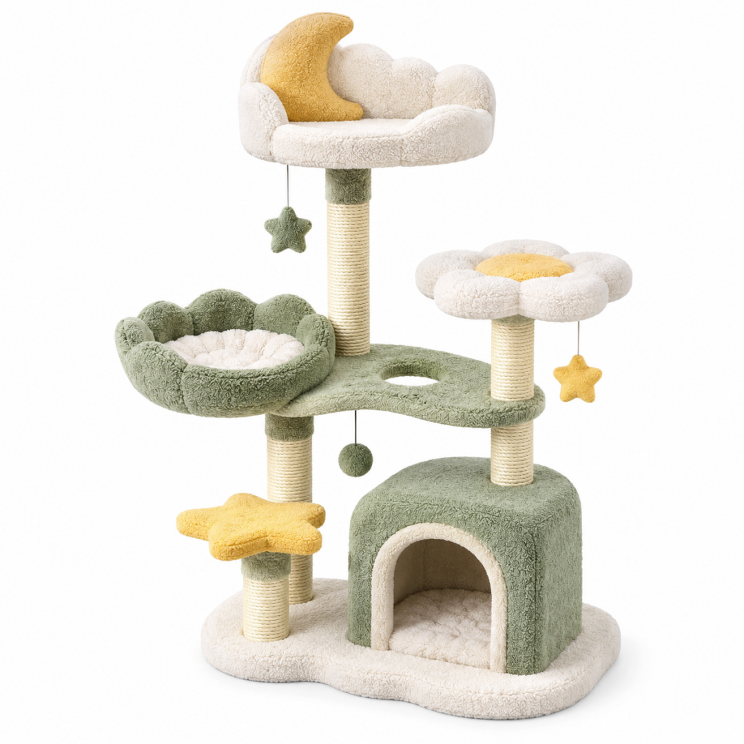 Kratzbaum 60 x 50 x 110 cm aus Plüsch und Sisal in Grün Creme Gelb mit Katzenhöhle und Liegeflächen