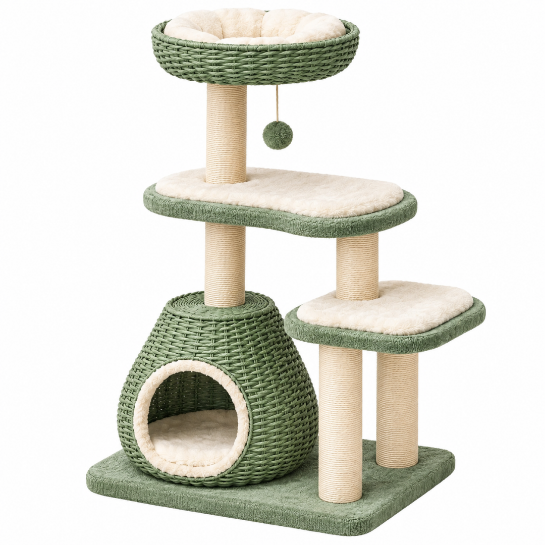 Katzenkratzbaum 60 x 45 x 120 cm Grün Beige mit Sisalstämmen und Liegeflächen