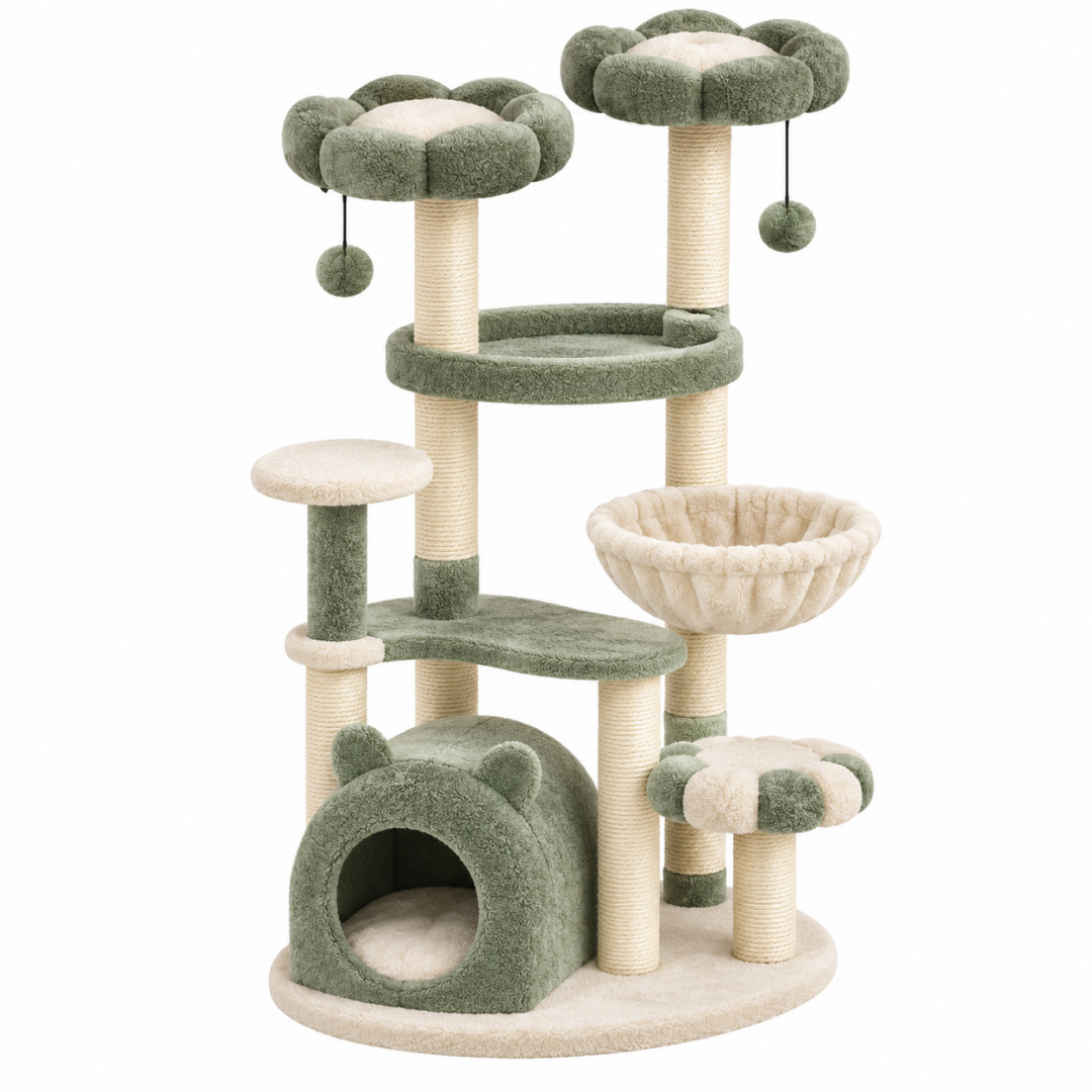Kratzbaum 60 x 60 x 145 cm aus Plüsch und Sisal in Grün Beige mit Höhlen Liegeflächen und Spielbällen