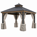 Pavillon 400 x 400 x 350 cm Metall Holzoptik Anthrazit Beige mit Vorhängen für Garten