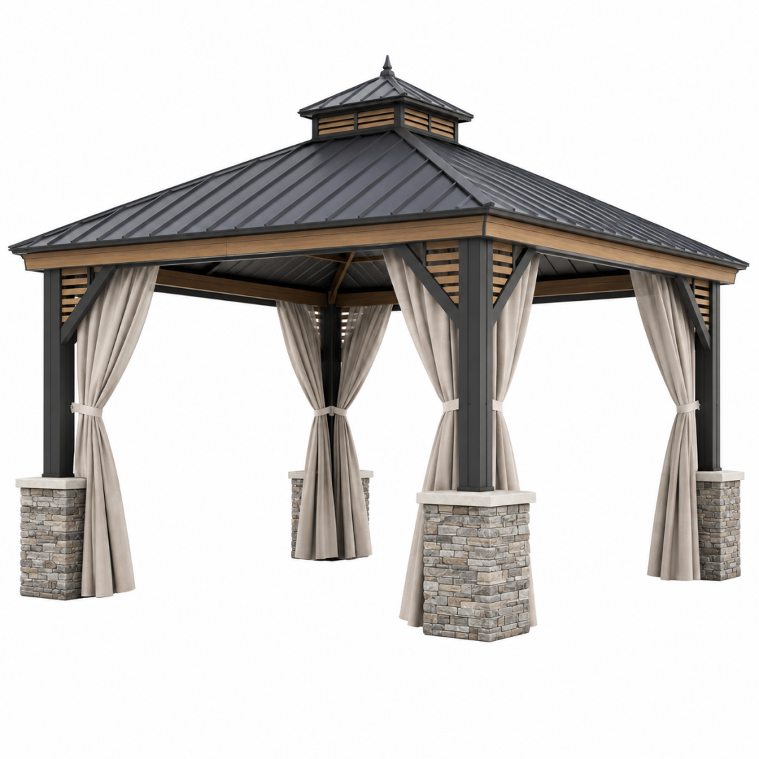 Pavillon 400 x 400 x 350 cm Metall Holzoptik Anthrazit Beige mit Vorhängen für Garten