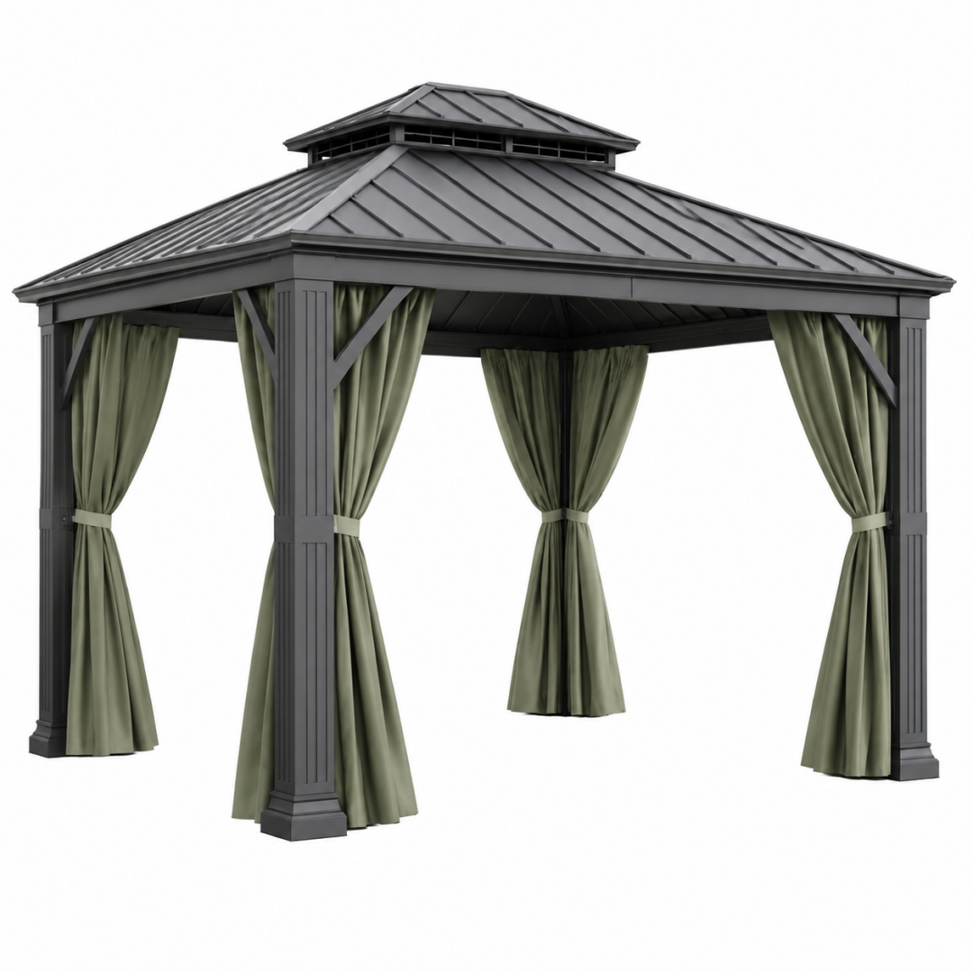 Pavillon 300 x 300 cm Metall Anthrazit mit Vorhängen - Gartenüberdachung
