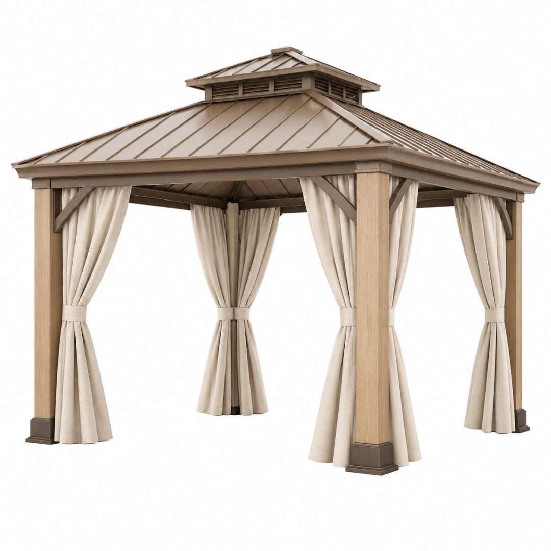 Gartenpavillon 300 x 300 x 300 cm aus Metall in Taupe mit Vorhängen