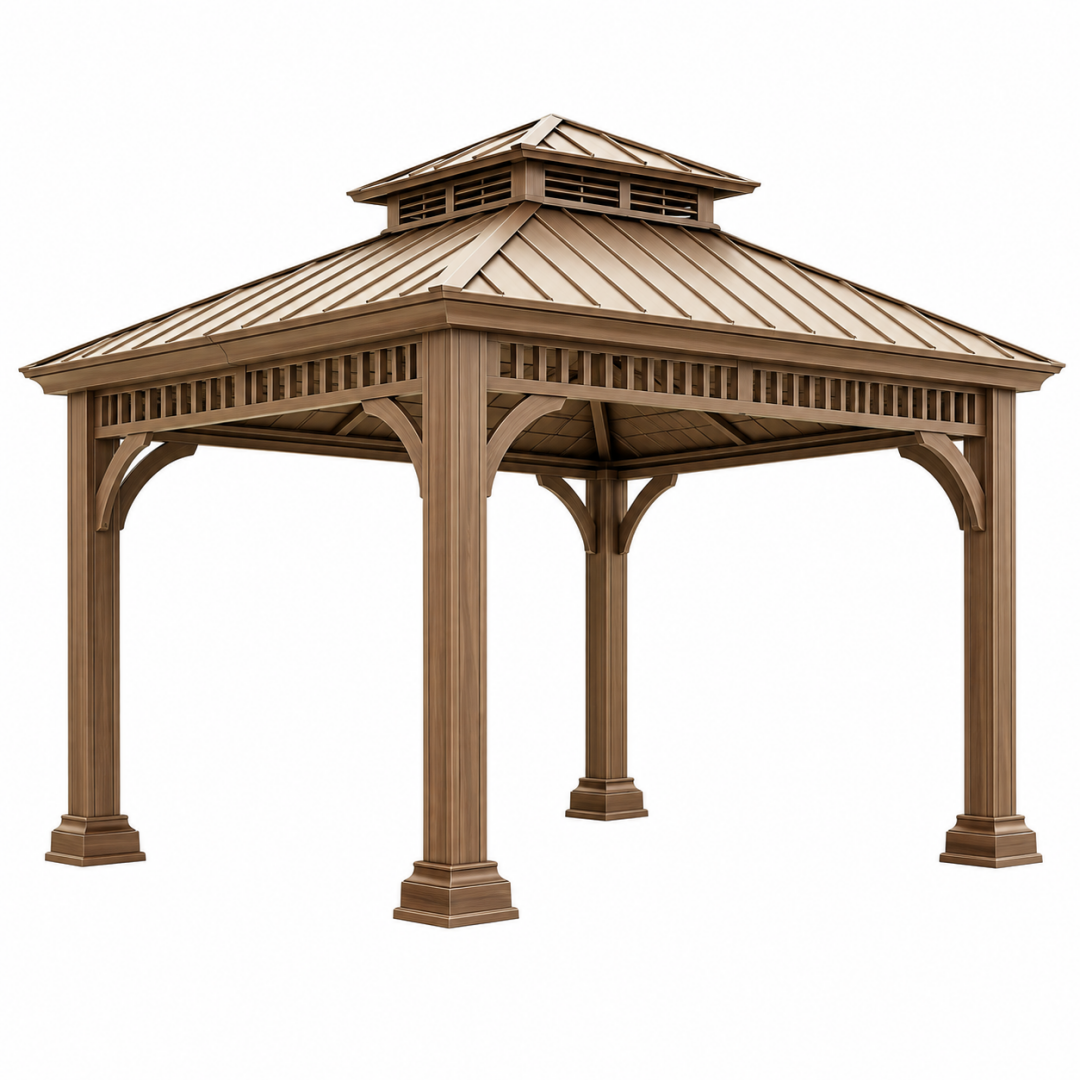 Gartenpavillon 400 x 400 x 330 cm Holz Metall Braun - quadratisch mit belüftetem Doppeldach