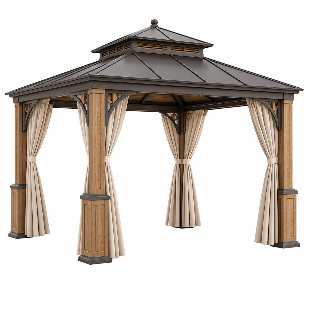 Pavillon 300 x 300 cm Metall und Holzoptik Braun Anthrazit für Garten mit Vorhängen