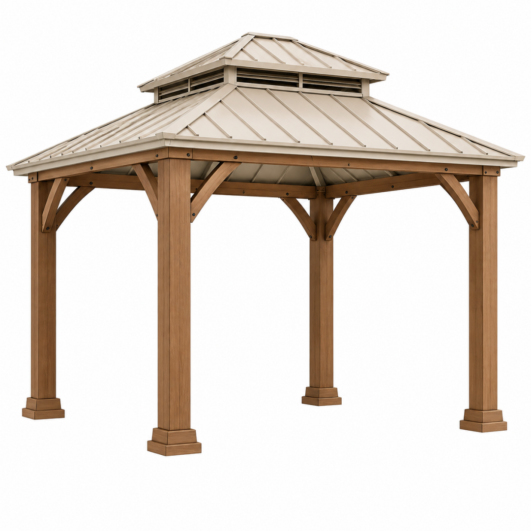 Pavillon 400 x 400 cm Holz und Metall Beige für Garten mit Lüftungsdach