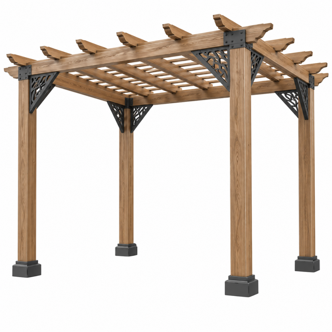 Pergola 300 x 300 x 240 cm aus Holz in Naturbraun mit Metallbeschlägen für den Garten