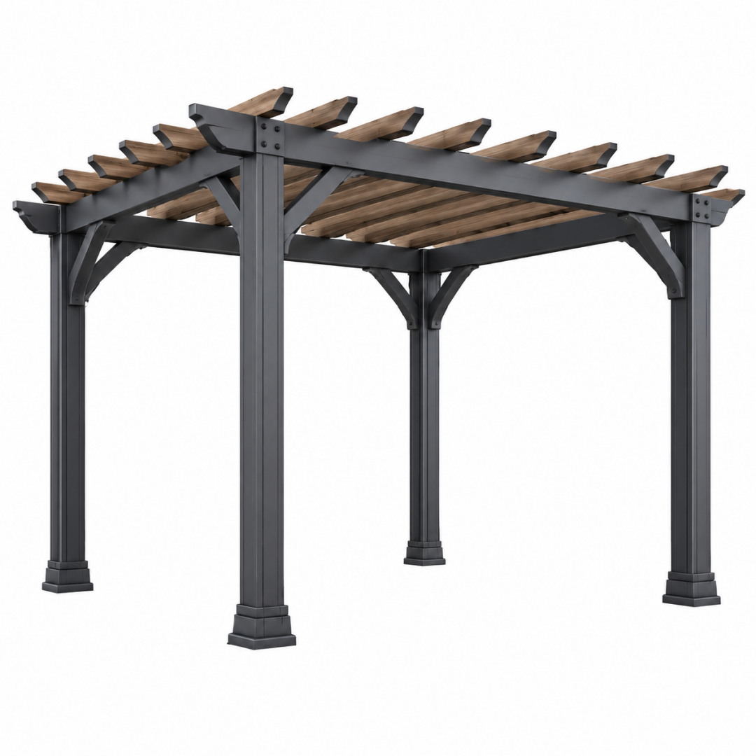 Pergola 300 x 300 x 250 cm aus Stahl und Holz in Schwarz/Natur für den Garten