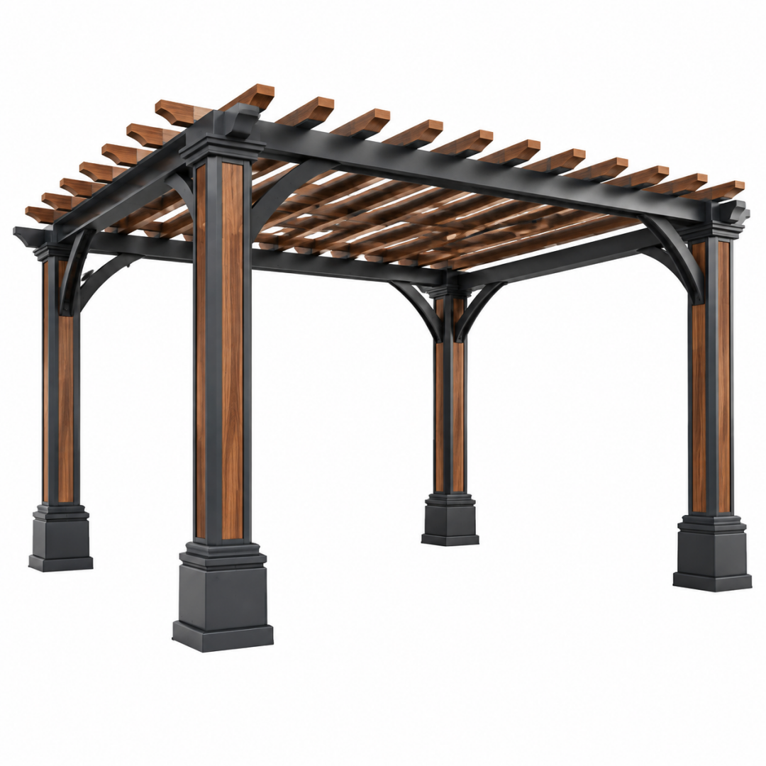 Pergola 400 x 300 x 250 cm aus Stahl und Holz Schwarz Braun mit offenem Latten-Dach