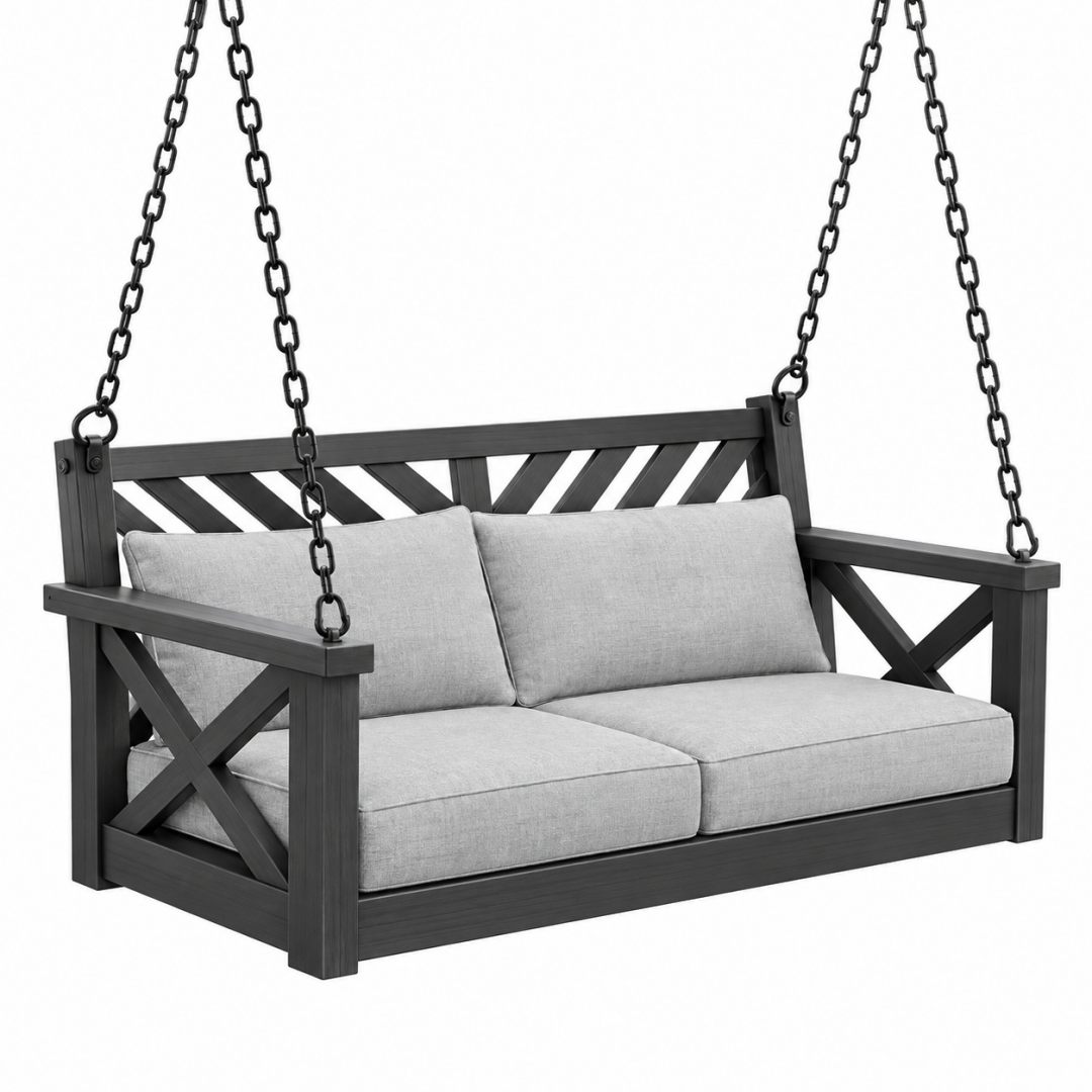 Hängesofa 150 x 70 x 65 cm aus Holz in Schwarz Grau mit Kettenaufhängung für den Außenbereich