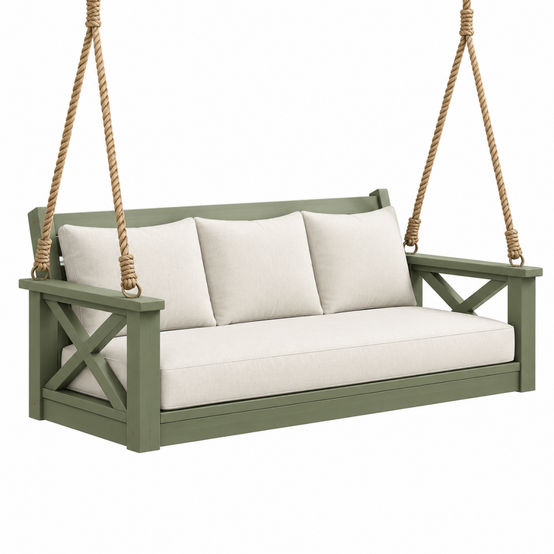 Hängesofa 160 x 70 x 65 cm aus Holz in Grün Beige mit Seilaufhängung für den Außenbereich