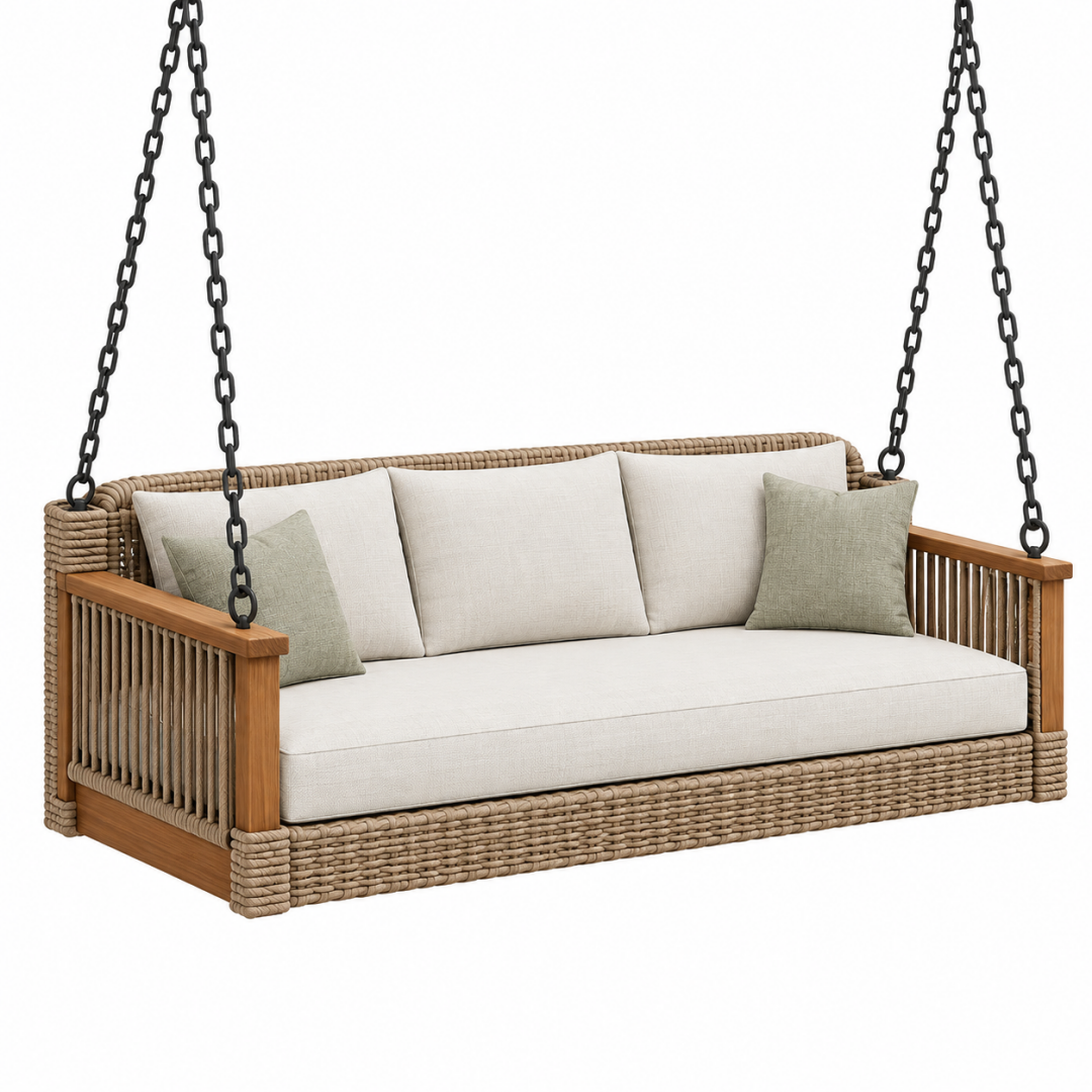 Hängesofa 160 x 75 x 70 cm aus Holz und Geflecht in Beige für den Außenbereich